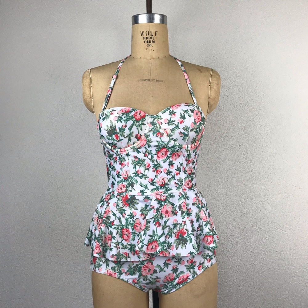 Retro l Vintage Inspired Floral Peplum Swimsuit